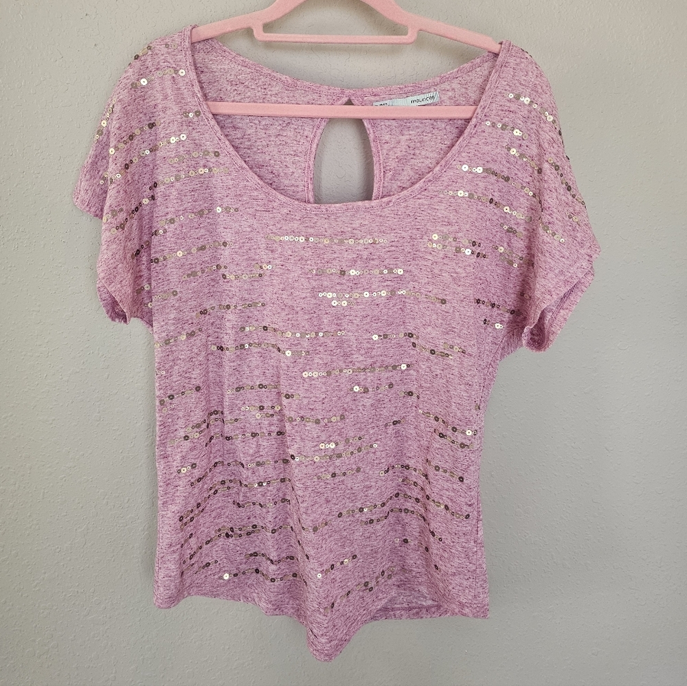 Maurices Women’s Pink Sequin Top  Short Sleeve Keyhole Back